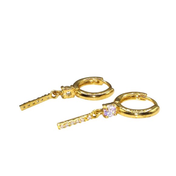 Gold Tone Huggie Hoop Earrings with Vertical Bar Crystal Channel Drop - Picture 5 of 5